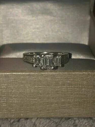 Lab Created Diamond Engagement Wedding Ring 14K White Gold Plated Emerald Cut - Picture 3 of 6