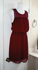 Loft 8 Maroon Sleeveless Crepe knee length Blouson sheer neck Dress