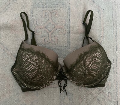 Victorias Secret Size 32D Very Sexy Push Up Bra Olive Green Lace EUC