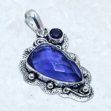 Iolite, Amethyst Gemstone Handmade Ethnic Silver Jewelry Pendant 2.0" PRJ14312