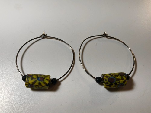 Vintage Handmade Sterling African Trade Bead Hoop Earrings Yellow Blue Red 1.75” - Picture 2 of 4