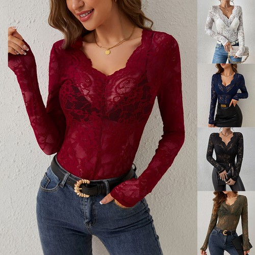 Sexy Women Sheer Mesh Floral Lace See-Through Long Sleeve Slim Fit Tops T Shirt