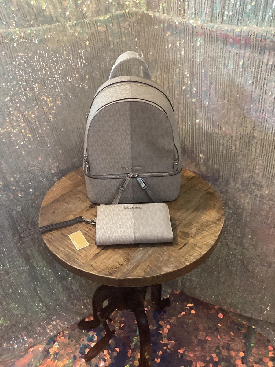 Michael Kors Rhea Zip Medium Backpack Grey/White u0026 Matching Wristlet NWT  HTF | eBay