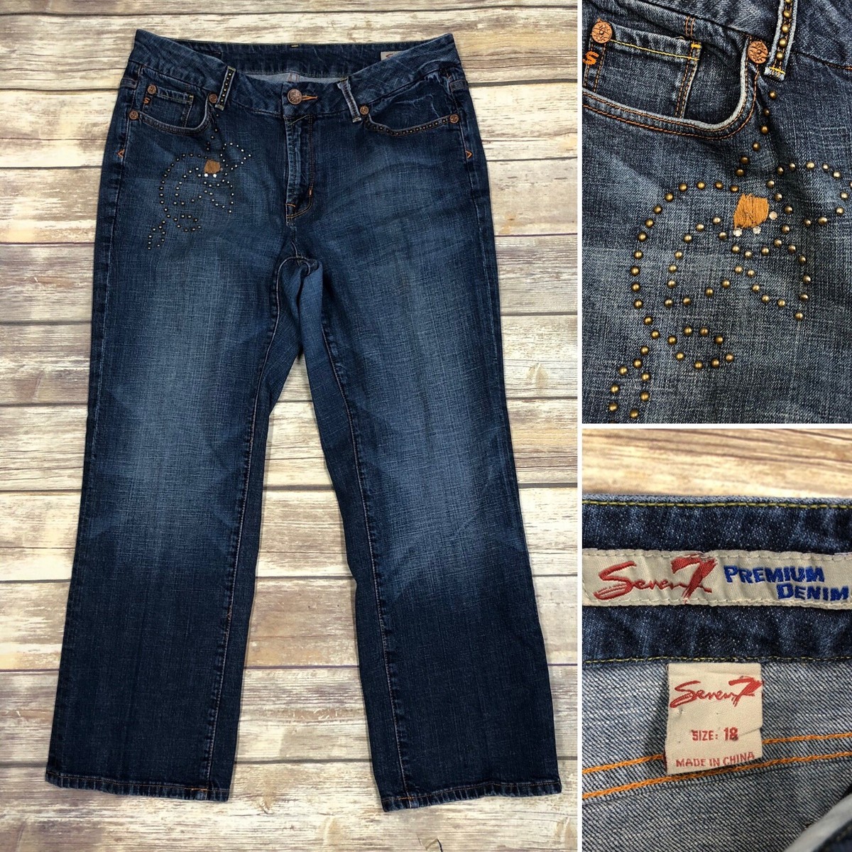 Seven7 Women's 18 Blue Premium Denim Studded Rhinestone Boot Cut 7