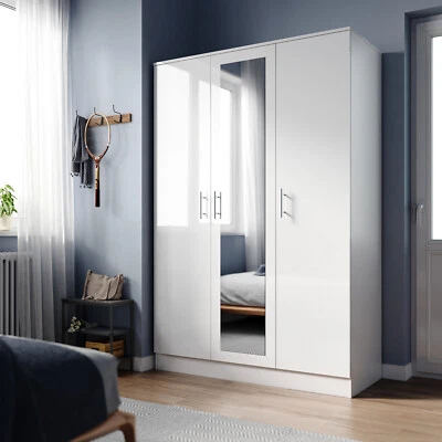 ELEGANT White High Gloss 3 Door Triple Mirrored Wardrobe with Hanging Rail & Shelves