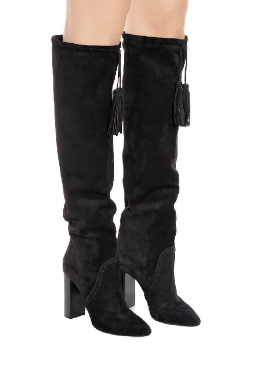 Stivali OTK nuovi autentici Saint Laurent YSL Meurice nappa neri scamosciati alti alla coscia taglia 38