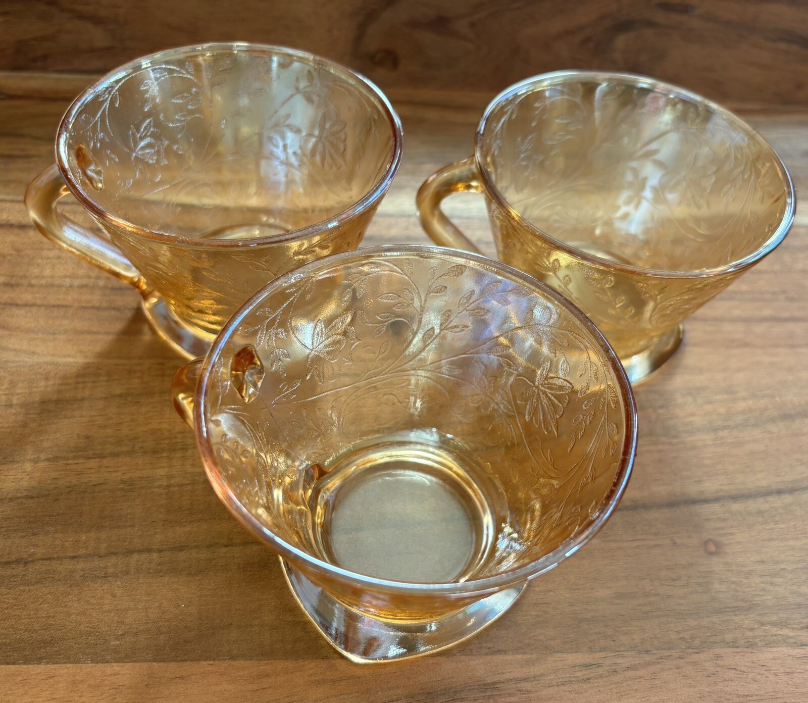 Jeanette 1950 Floragold Louisa Footed Cup Iridescent Depression Glass set of 3
