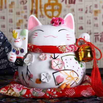 8 Inch Ceramic Maneki Neko Abacus Design Luck Fortune Cat Money Box Figurine