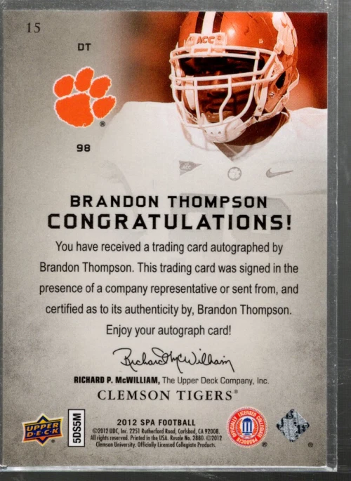 B1151- 2012 SP Authentic Autographs #15 Brandon Thompson Auto SAMPLE PIC - Image 2 of 2