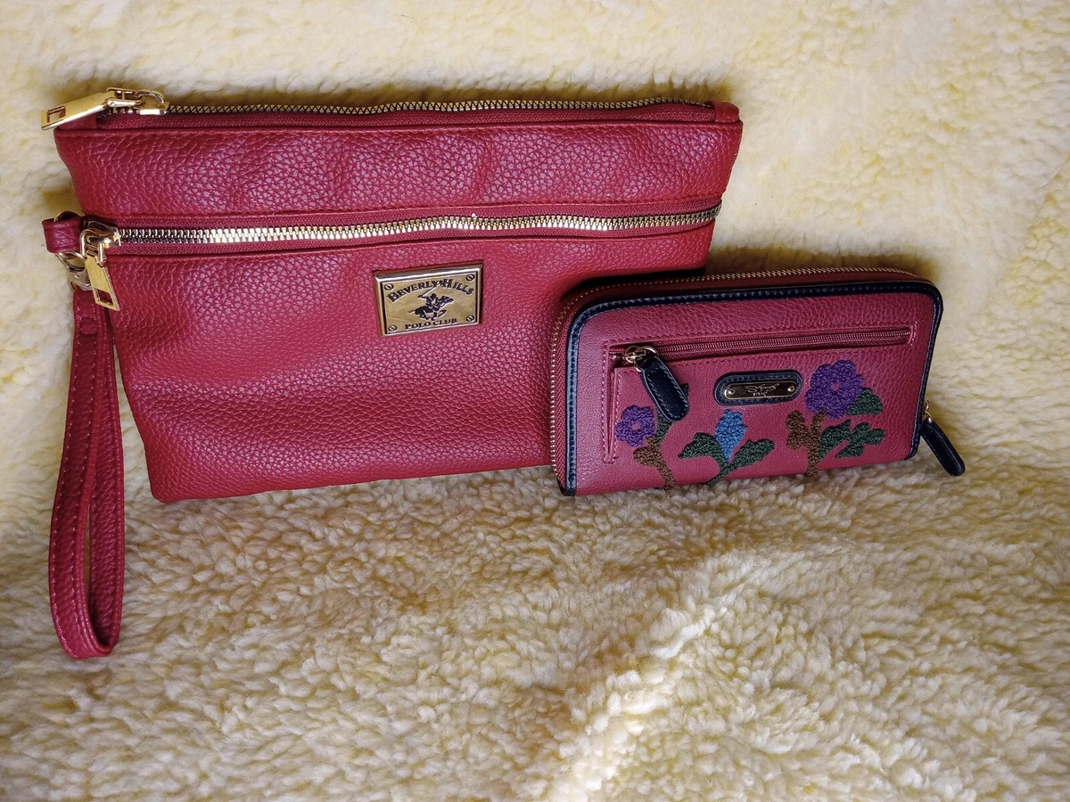 Beverly Hills Polo Club Faux Leather Wrist Clutch RARE RED W Embroidered Wallet