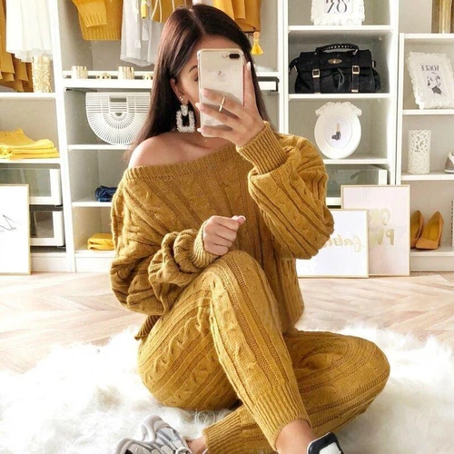 Women Cable-knit Loungewear Sweater & Pants Set Casual Outfits 2 Pcs Size - Picture 3 of 45