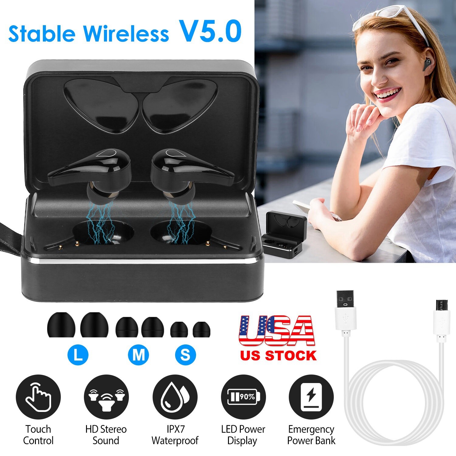 Wireless V5.0 Earbuds Stereo Headsets TWS Noise Canceling Waterproof Earbuds