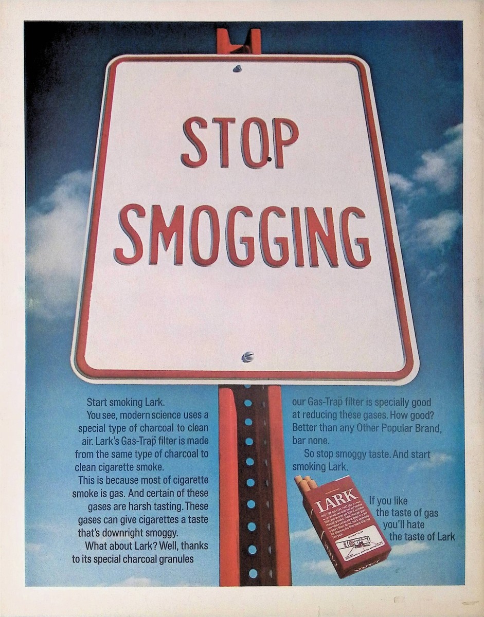Print Ad 1970's Lark Cigarettes Stop Smogging Sign Start Smoking Blue Sky