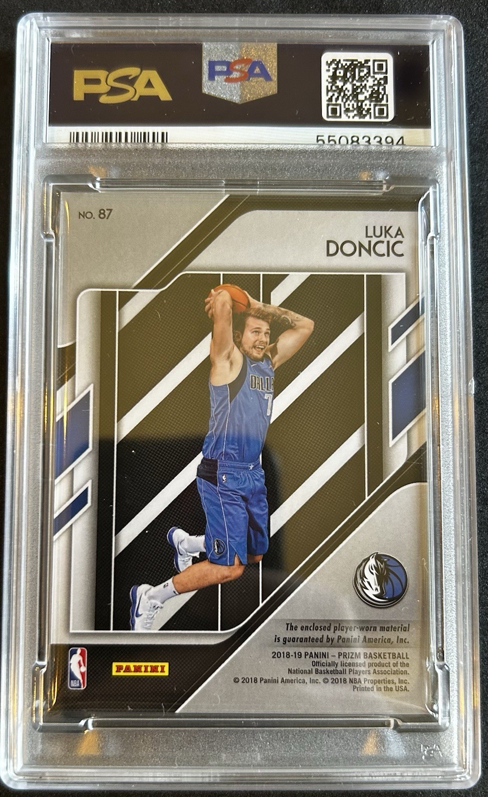2018-19 Panini Prizm Basketball Luka Doncic Sensational Swatches RC PSA 9 view 2