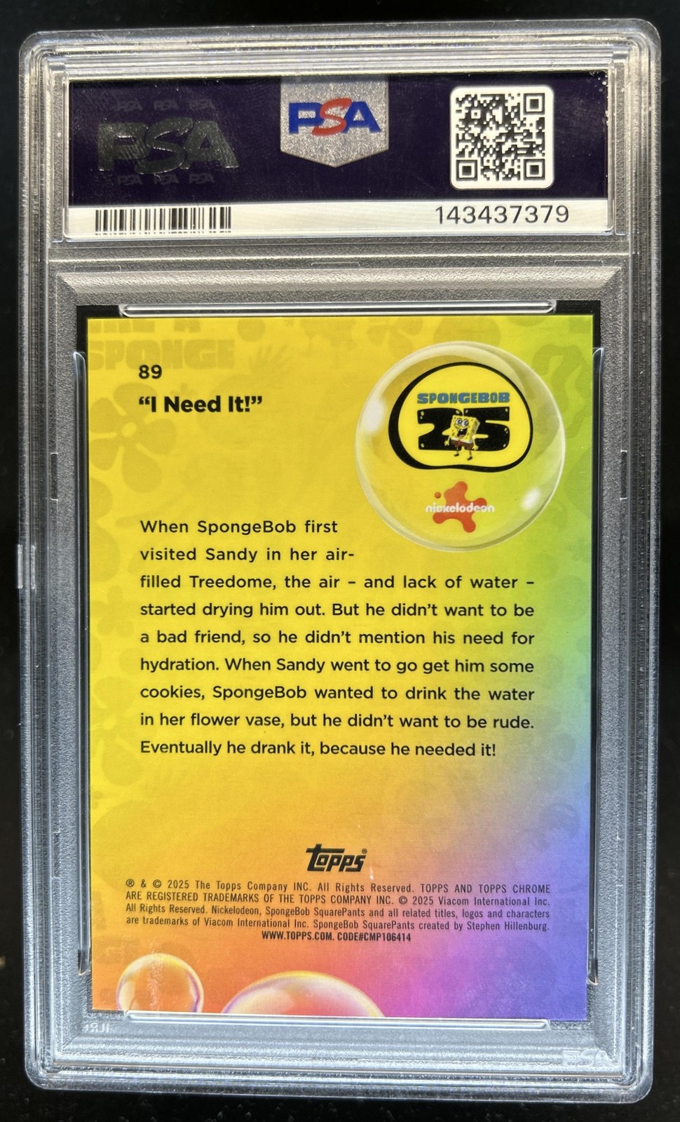 2025 Topps Chrome SpongeBob "I Need It!" Nightshift Variation SP#89 PSA 9 view 2