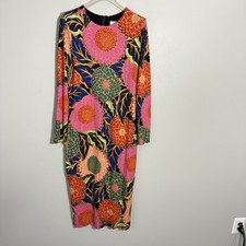 Farm Rio Midi Dress Bodycon Longsleeves Floral Pencil Size L Lined Stretch