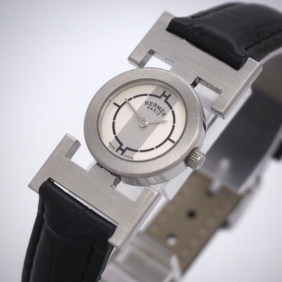 Hermes Paprika PA1.210 Womens Quartz Watch White Dial Black Strap Authentics