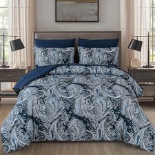 Paisley Comforter Set Size 7 Piece Bed in a Bag Boho Paisley Queen Navy