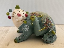 Amy Lacombe WhimsiClay Cat Figurine 2006 13020 Turquoise Embossed Floral
