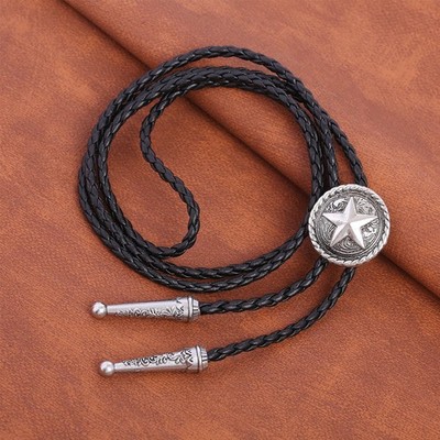 Texas Star Bolo Tie Western Cowboy Rodeo Necklace Braided Leather Cord Alloy