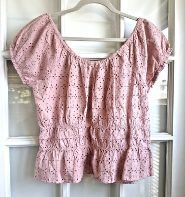 full circle trends dusty pink eyelet boho hippie blouse l cotton puff sleeves