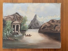 Vtg Oil Painting of Chapel Gazebo on a Swiss River on Slate Board Water Mountain