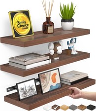 BAYKA Floating Shelves, Walnut-Like Wall Mount Wood Shelf 15.7in Set of 3