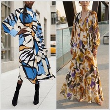 H&M HM Tie-Neck Detail LONG DRESS Light Beige Floral or Blue Patterned w/ BELT