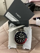 Timex Harborside Automatic Men's 43mm Watch Red/Blue Bezel Black Dial Box