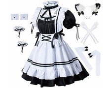 Anime French Maid Apron Lolita Fancy Dress Cosplay Costume Furry Cat Ear Gloves⭐