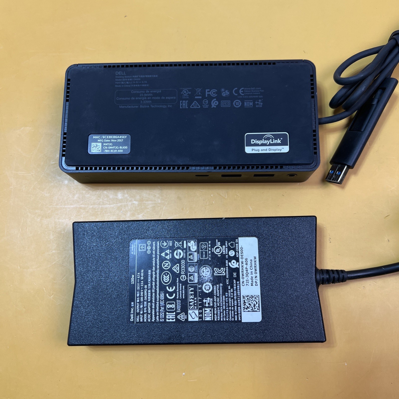 Dell D6000 Universal Docking Station Black 130W AC Adapter USB 3.0