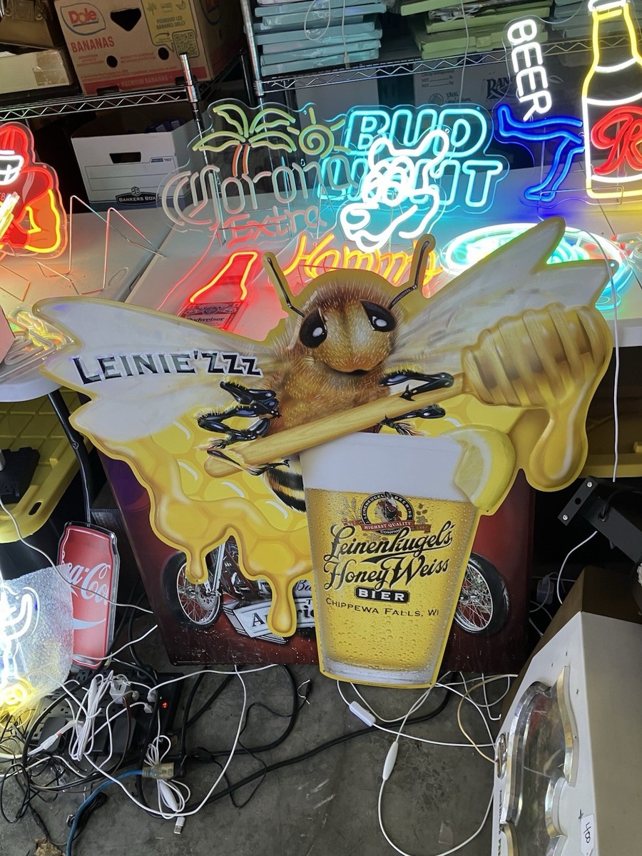 velence 空き箱　サイン付き　brightwin win Vintage LEINE'ZZZ LEINENKUGELS HONEY WEISS BEER BEE METAL TIN SIGN
