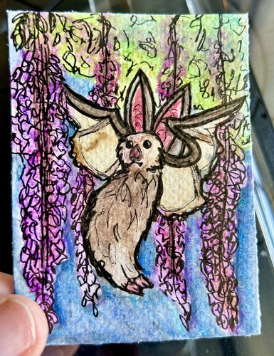 ACEO Original Art by C3 Design Goods -wisteria flowers/bat flying/watercolor