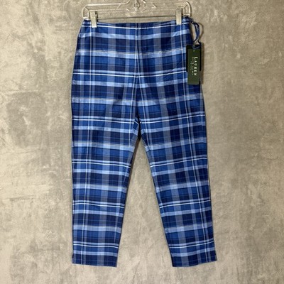 NWT Ralph Lauren Women's 2P Petite Plaid Blue 100% Silk Pants