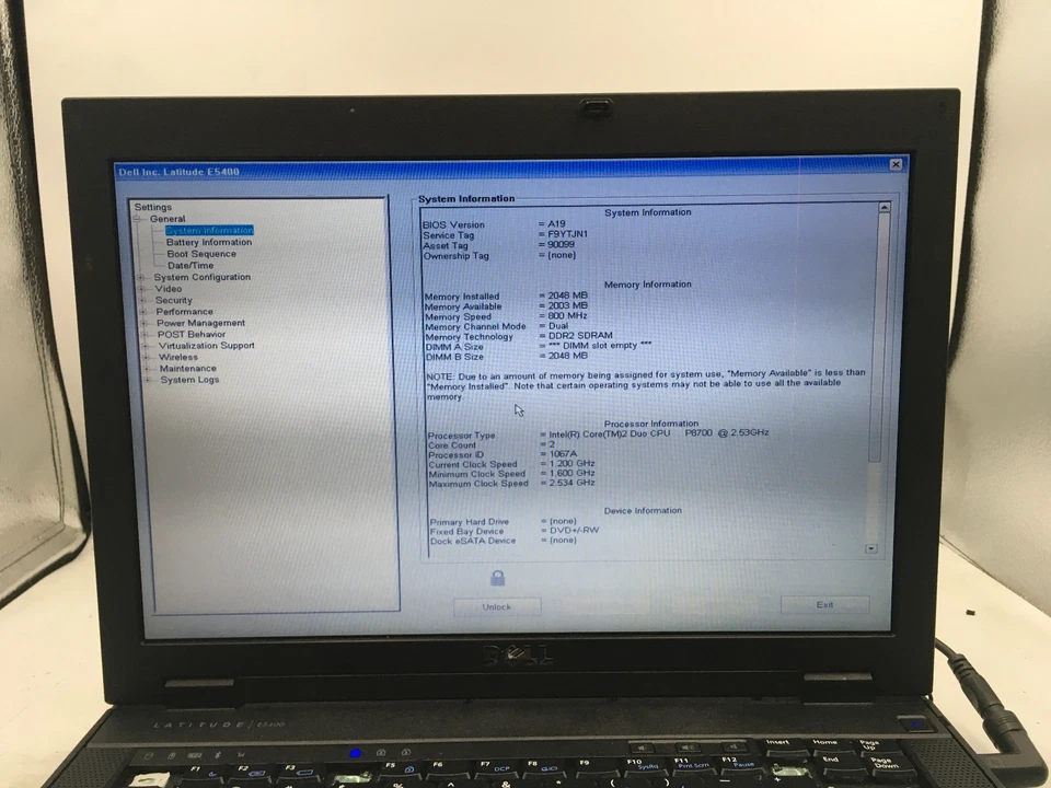 DELL LATITUDE E5400 - BOOTS TO BIOS/LOCKED - INTEL CORE 2 DUO P8700 - NO RAM -BB - Image 2 of 4