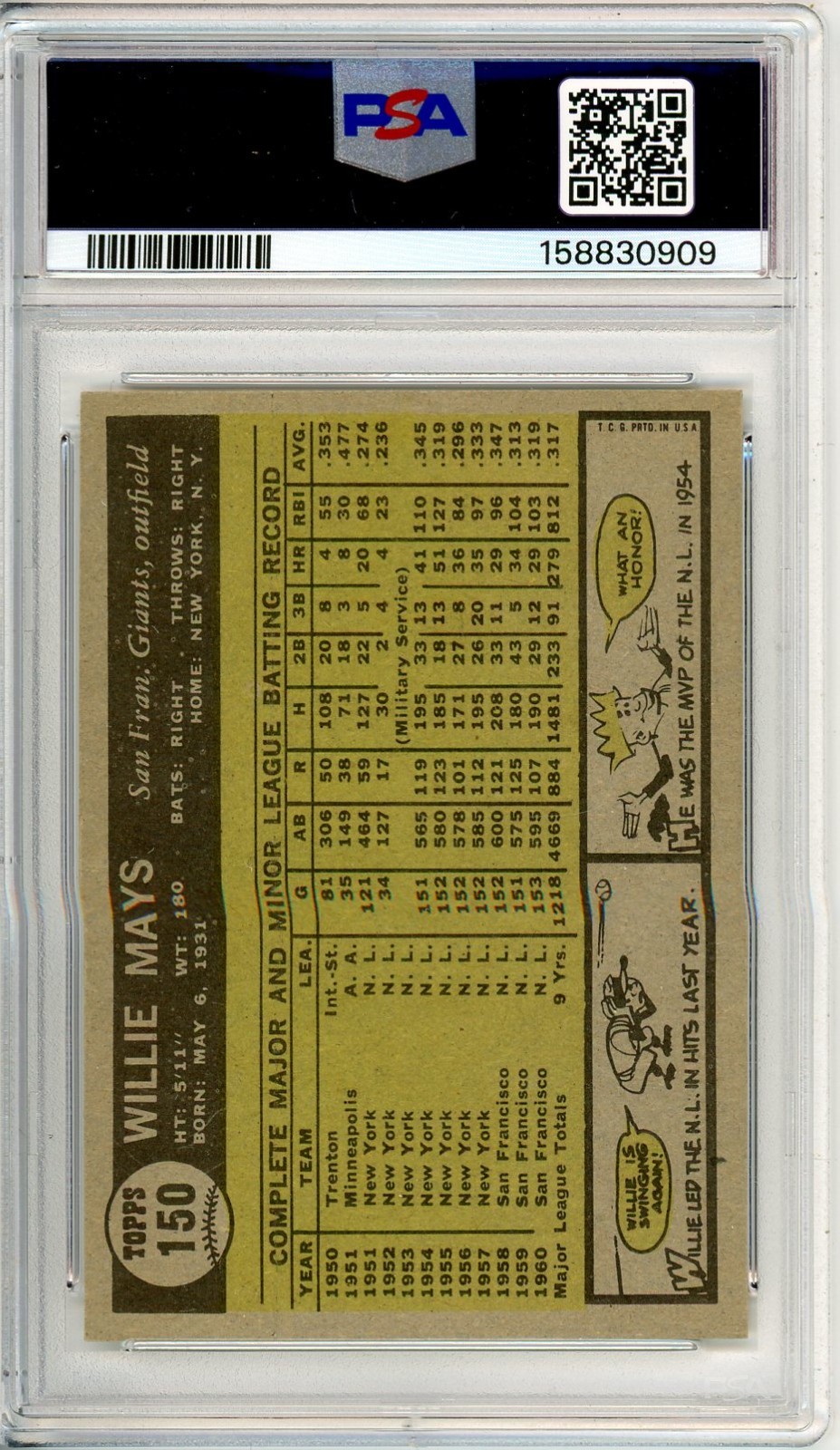 1961 Topps WILLIE MAYS #150 PSA Grade 7 NM-Cond "Just Graded INVEST" view 2