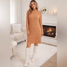 Debut Women’s Ribbed Knit Mock Neck Sweater Dress Camel Tone Size Small