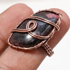 Rhodonite Gemstone Handmade Wedding Gift Wire Wrap Copper Jewelry Ring 8" PG 483