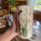 Vtg MCCOY POTTERY USA CYLINDER VASE IVORY WHITE IRIS & BUTTERFLY Tall 677 - EUC