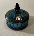 Vintage Indiana Glass Blue Iridescent Carnival Glass Princess Candy Box Dish Lid