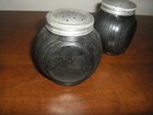 Two (2) vintage Hoosier Sellers Black Fired-on Oval Spice Jars - Not Perfect — photo 2