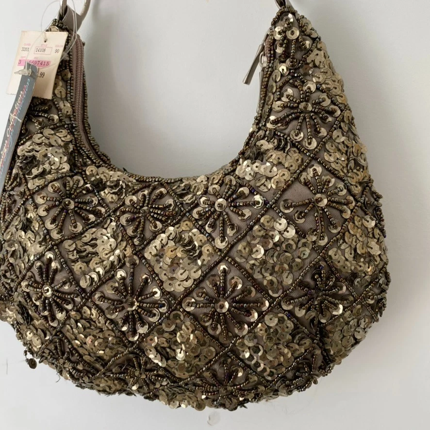 Bolsa de mão feminina vintage design americano com lantejoulas e miçangas enfeitada formatura hoco - Imagem 4 de 4