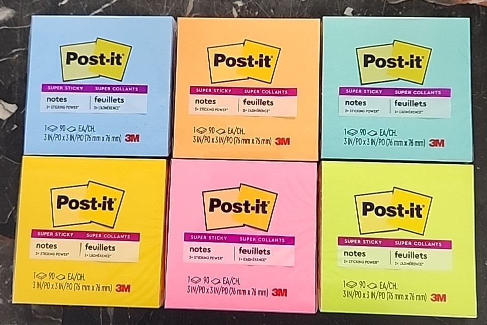 12 PADS Post-It 654-SSPK Assorted Colors/1080 Sheets Super Sticky Notes/3" x 3"