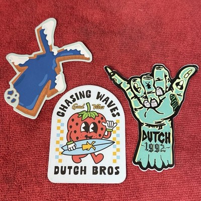 Lot Of 3 Dutch Bros Limited Edition Sticker Drop Rockin' Coffee Good Vibes Rebel