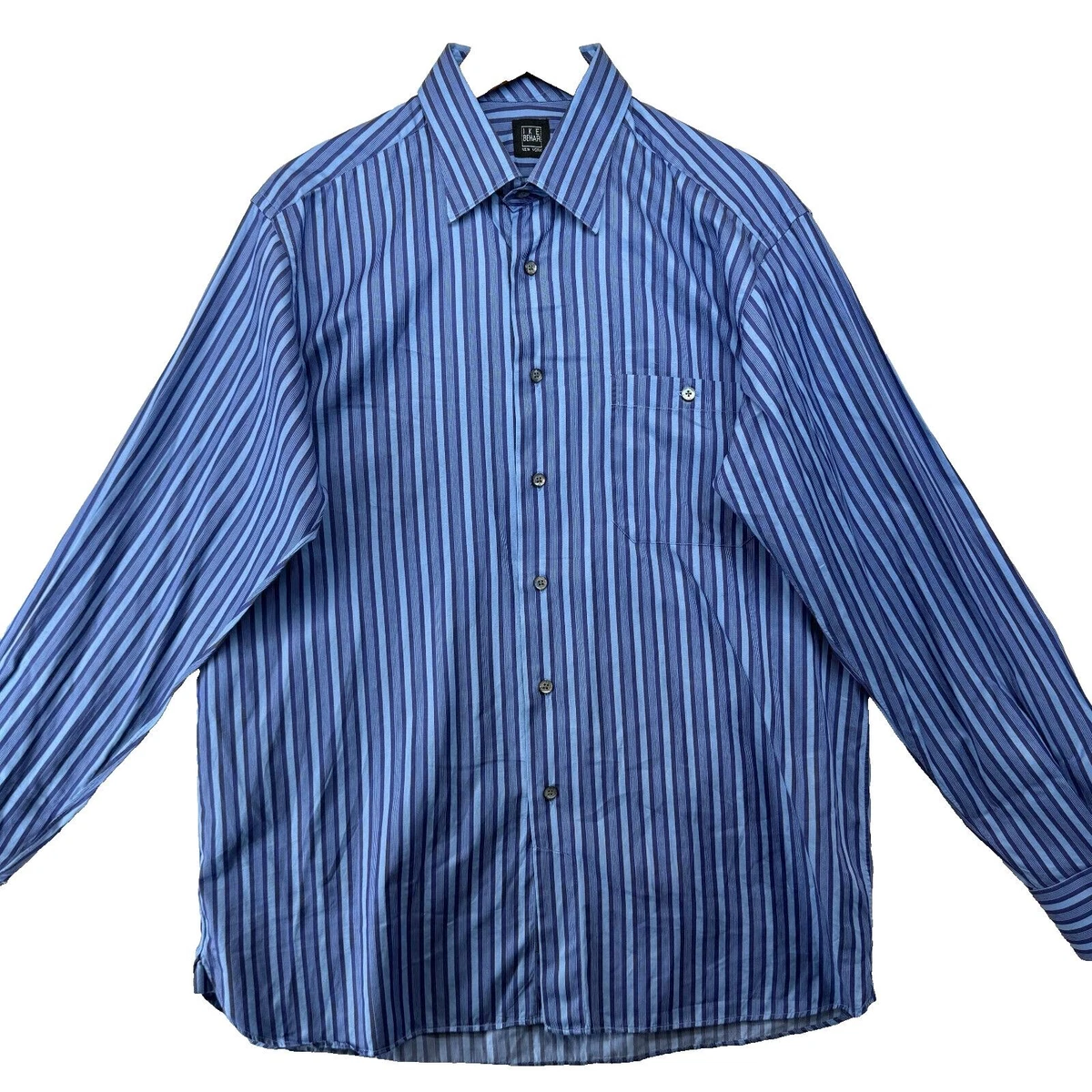 Chemise Homme IKE BEHAR New York – 100% Coton – Taille 16 Large – Bleu Rayé