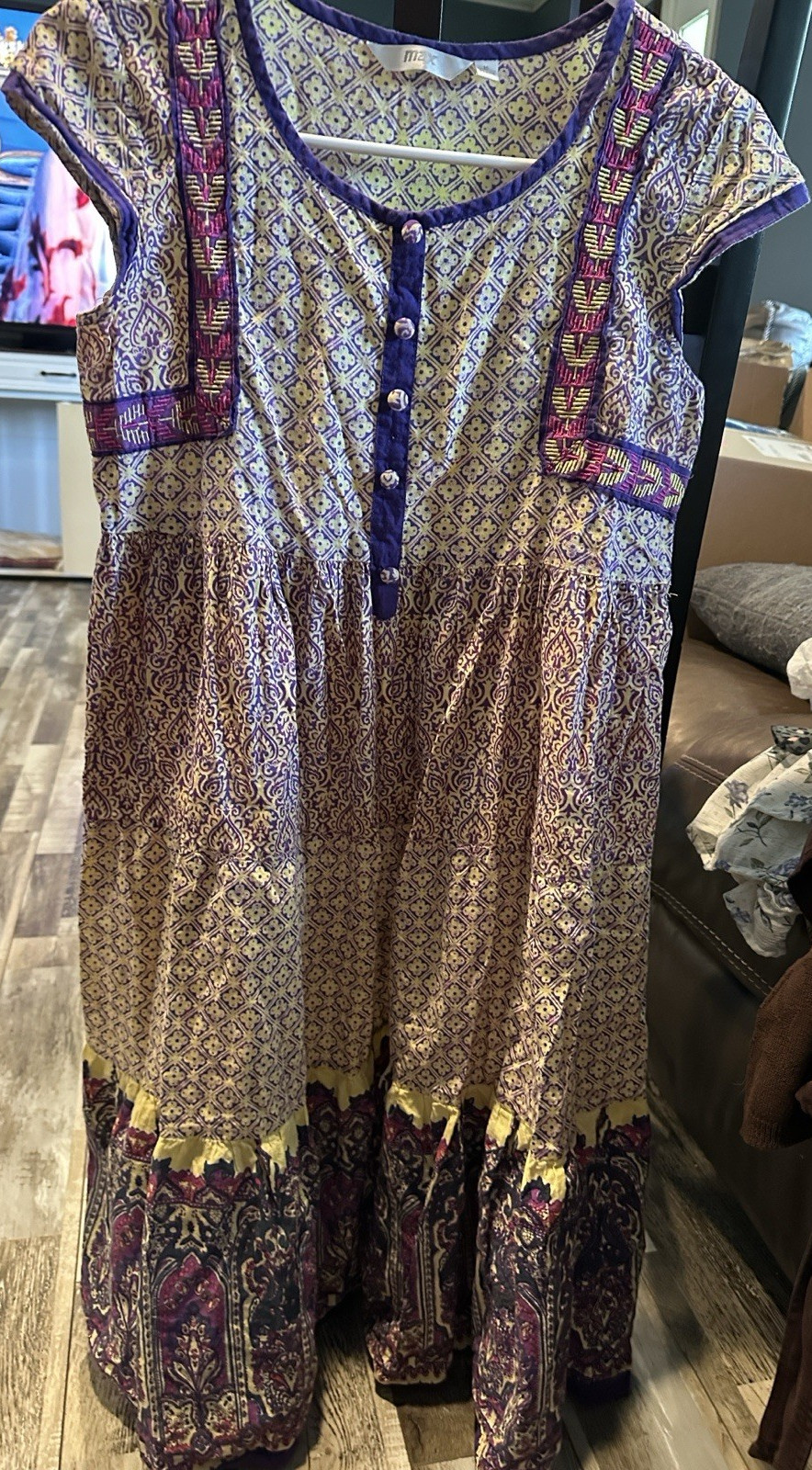 max Purple Yellow Geometric Round Neck Button Cap Sleeve A-Line Midi Dress M