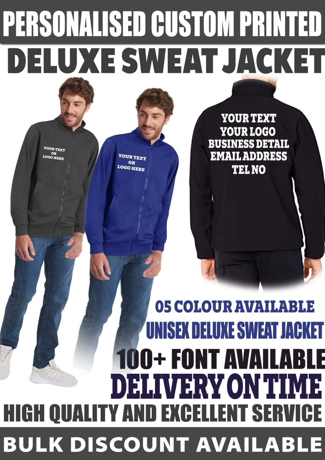 Personalised custom printed text Sweatshirt Full zip Deluxe Sweat Jacket UC212