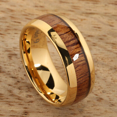DOUX 8mm Mens Gold Plated Tungsten Carbide Ring Real KOA Wood Rare White Shell Inlay Wedding Band High Polished 