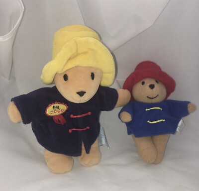 Lot 2 Paddington Bears 6  Yellow Hat & P.B. 2000 Navy Coat + 4  Hanging Bear