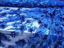 Royal Blue 3D Flowers Floral Beaded Embroidered Pearls Mesh Lace Fabric By Yard